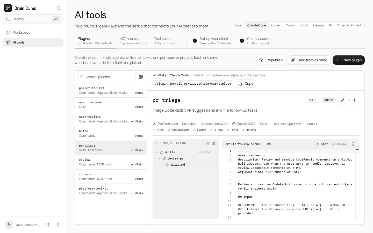 Plugin marketplace: a plugin's files, the clients it runs in, and its install command