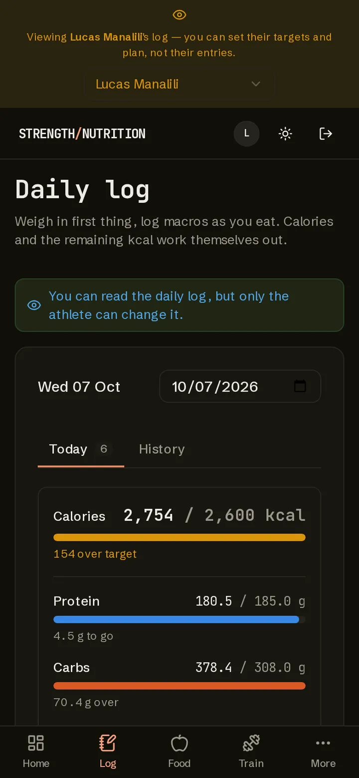 Daily log, read-only for the coach