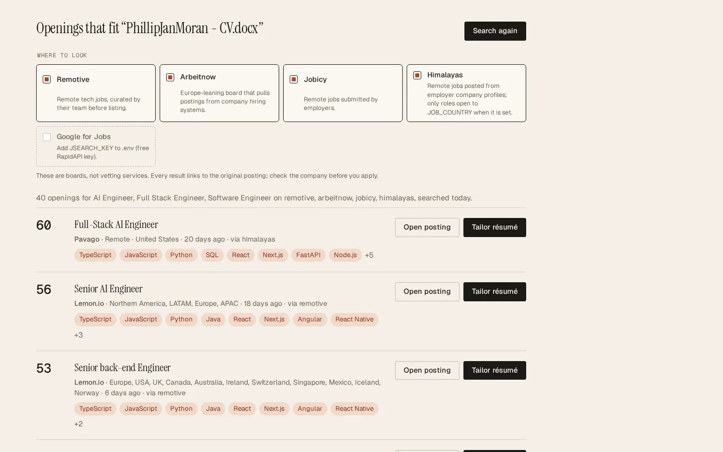 Openings from four job boards, ranked by skill overlap