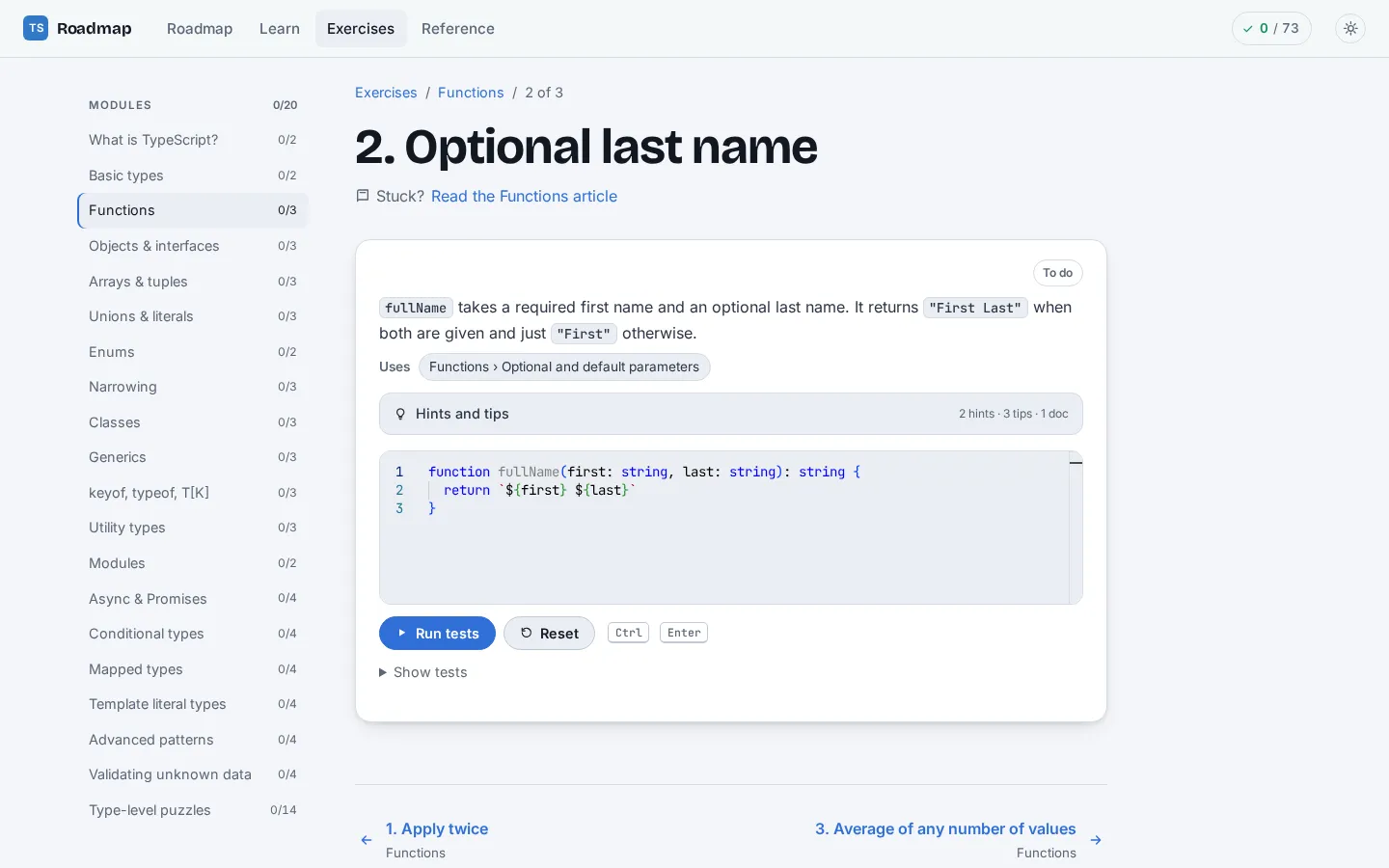 An exercise: editor, hints and in-browser tests